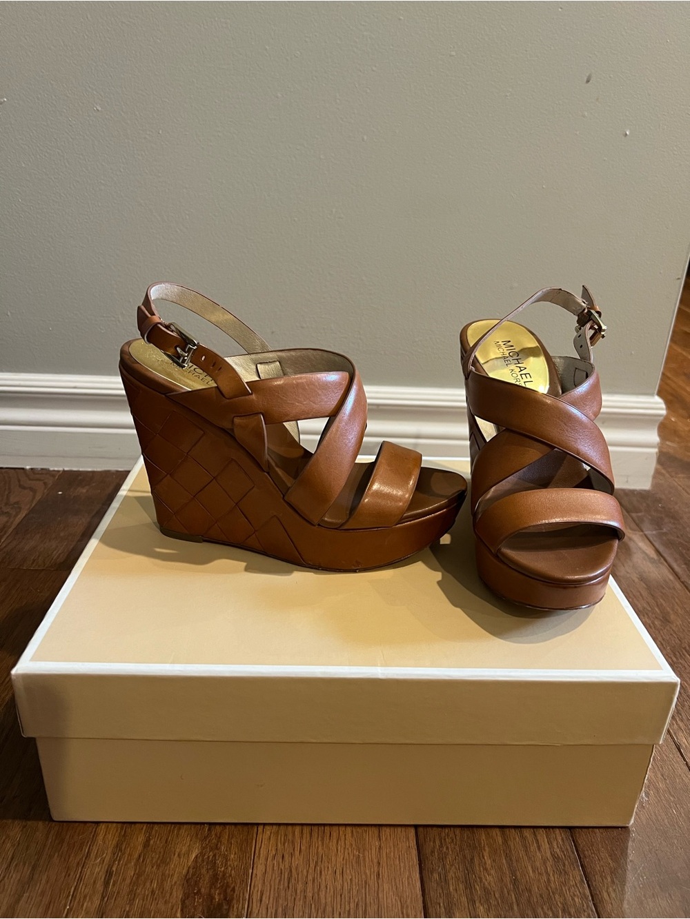 Michael Kors Cognac Leather Crisscross Wedge Sandals